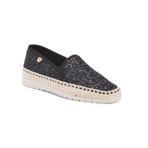 FUN VERBENAS Black Glitter Made In Spain Leather Nuria Flat Espadrilles